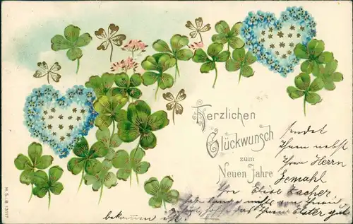 Ansichtskarte  Neujahr - Präge AK - Kleeblätter - Herzen 1902 Goldrand