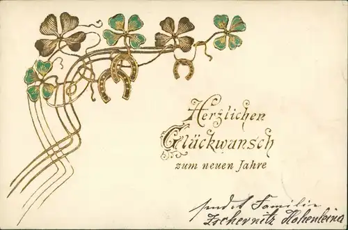  Neujahr - Jugenstil - Kleeblatt, Hufeisen - Präge-Gold 1902 Goldrand