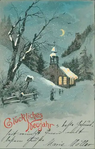 Ansichtskarte  Neujahr - Winterpartie bei Mondschein - Kirche 1902 