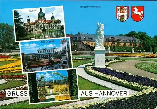 Ansichtskarte Hannover Rathaus, Am Kröpcke, Schloß mit Park 1995