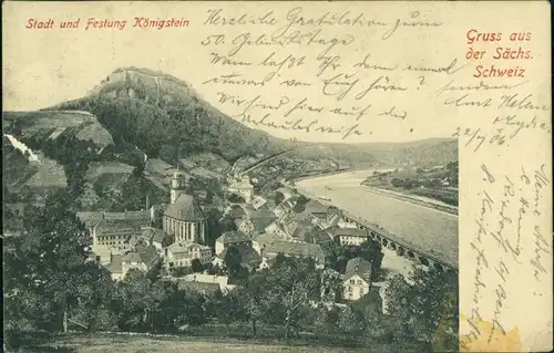 Königstein Stadt und Festung Königstein, Gruss aus der Sächsische Schweiz 1906