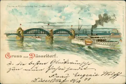 Ansichtskarte Düsseldorf Künstlerkarte: Rheinbrücke und Dampfer 1898