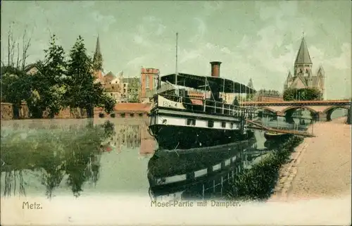 CPA Metz Garnisionskirche, Mosel und Dampfer 1906 