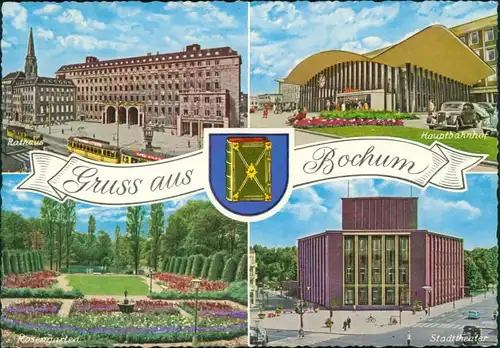 Ansichtskarte Bochum Rathaus, Hauptbahnhof, Rosengarten, Stadttheater 1966