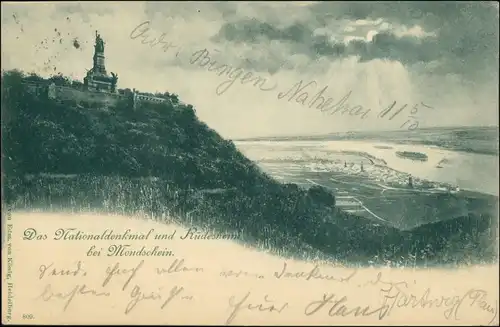 Ansichtskarte Rüdesheim (Rhein) National-Denkmal, Stadt - Mondschein 1899 