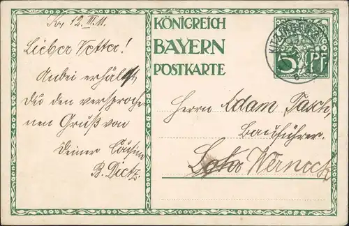Ansichtskarte  KÖNIGREICH BAYERN POSTKARTE 1911 Stempel Kitzingen