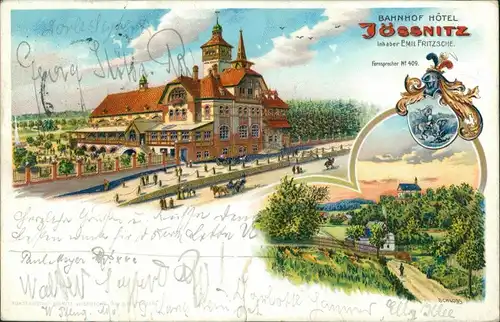 Litho AK Jößnitz-Plauen (Vogtland)   Heraldik Bahnhofs Hotel, Schloss 1906