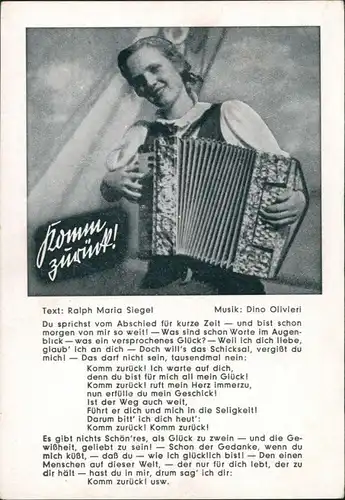 Ansichtskarte  Liedansichtskarte "Komm zurück" - Frau mit Akkordeon 1940