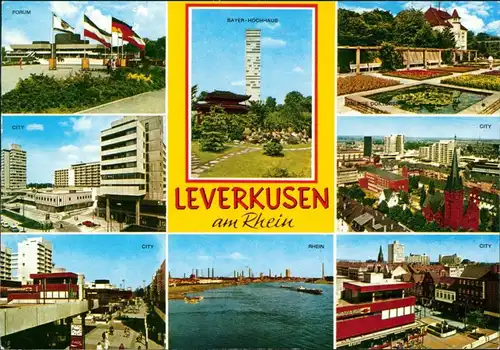 Ansichtskarte Leverkusen Forum, Bayer-Hochhaus, City, Rhein, Garten 1973