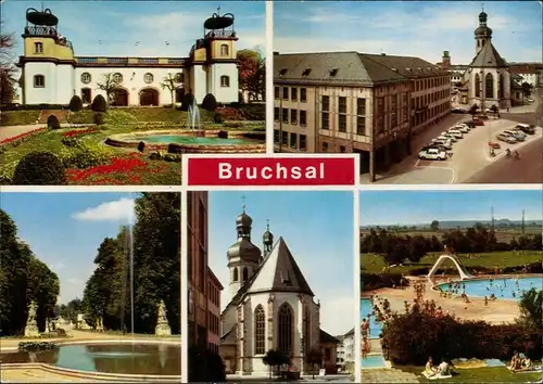 Bruchsal Schloss, Kirche mit Parkplatz, Brunnen mit Fontäne, Schwimmbad 1980