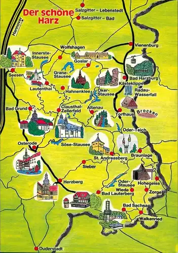 Ansichtskarte .Niedersachsen Der schöne Harz - Karte mit den Städten 1989