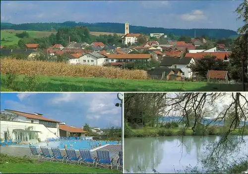 Ansichtskarte Bad Birnbach Panorama mit Kirche, Schwimmbad, Uferbereich 1992