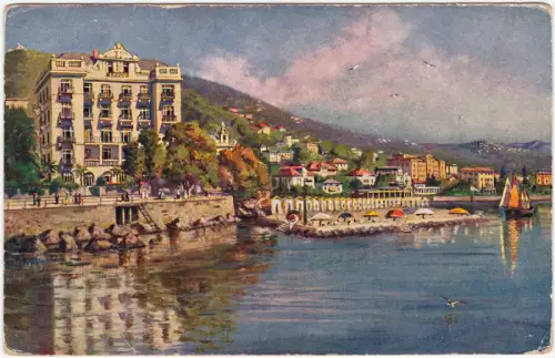 Sankt Jakobi Opatija (Abbazia) Künsterkarte Savoy Hotel am Meer 1913