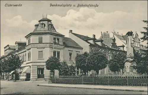Ansichtskarte Elsterwerda Wikow Denkmalplatz und Bahnhofstraße 1916