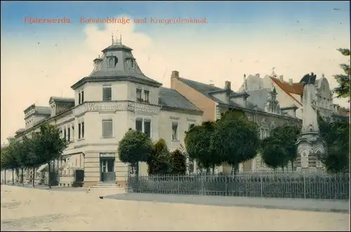 Ansichtskarte Elsterwerda Wikow Denkmalplatz und Bahnhofstraße 1916 coloriert