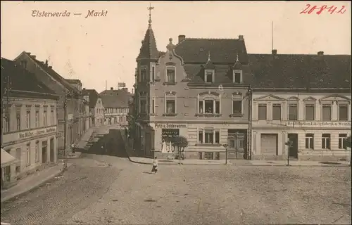 Ansichtskarte Elsterwerda Wikow Marktplatz und Geschäfte 1917