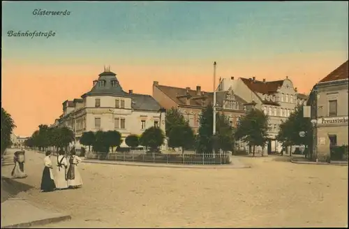 Ansichtskarte Elsterwerda Wikow Bahnhofstraße - Preussicher Hof 1918 coloriert