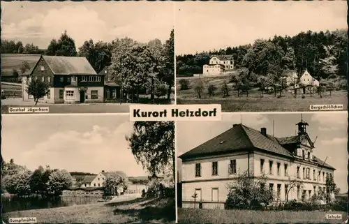 Hetzdorf-Halsbrücke Gasthof Jägerhorn, Bergschlößchen, Sumpfmühle, Schule g1961