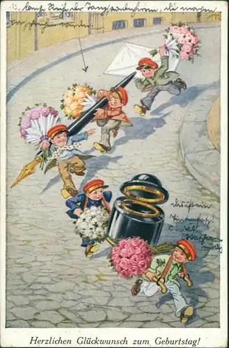Ansichtskarte  Kinder rennen mit Riesen Schreibewaren auf der Straße 1928