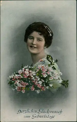  Glückwunsch/Grußkarten: Geburtstag Silberpräge AK Frau Blumen 1917 Silberrand