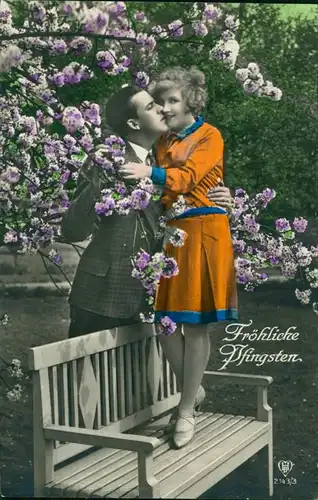 Ansichtskarte  Glückwunsch: Pfingsten Liebespaar - col Foto/ Fotomontage 1917