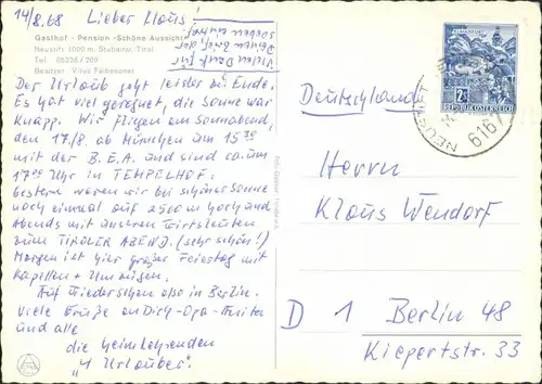 Ansichtskarte Neustift im Stubaital Gasthof/Pension "Schöne Aussicht" 1968