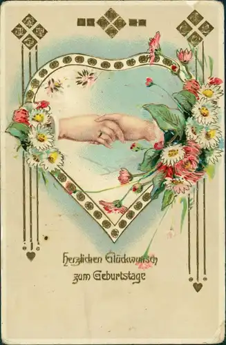  Glückwunsch: Geburtstag - fassende Hände im Herz mit Blumen 1909 Goldrand