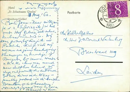 Postkaart Doesburg Hotel St. Sebastiaans Doelen 1960