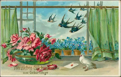 Ansichtskarte  Goldrand Vögel fliegen zur Blumenschale 1911 Goldrand