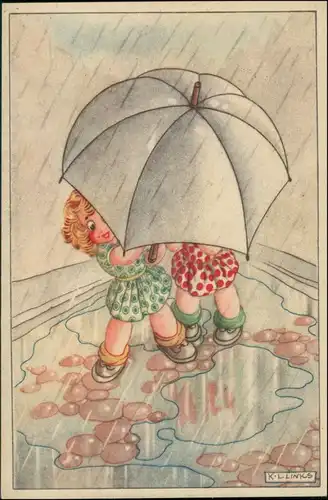 Ansichtskarte  Im Regen - Kinder, Künstlerkarte K.L. Links 1938