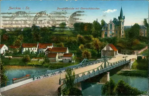 Ansichtskarte Zwickau Paradiesbrücke Ebertschlösschen 1914
