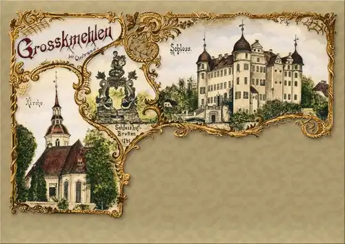 Großkmehlen-Ortrand Neuauflage Litho, Kirche, Brunnen, Schloss 1900/2018