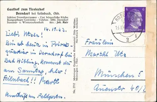 Ansichtskarte Derndorf-Bad Feilnbach Gasthof zum Tirolerhof 1940