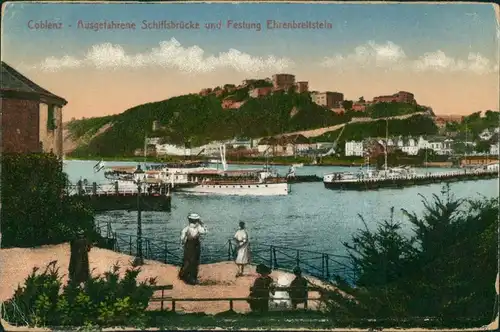 Koblenz ausgefahrene Schiffsbrücke, Fähren, Festung Ehrenbreitstein 1915