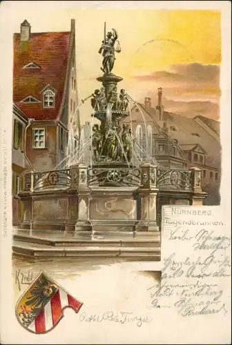 Nürnberg Tugendbrunnen - Präge-Heraldik Künstlerkarte 1901 Prägekarte