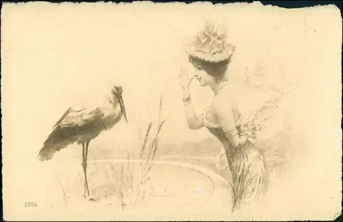 Ansichtskarte  Frau zeigt Storch die "lange Nase" Künstlerkarte 1912