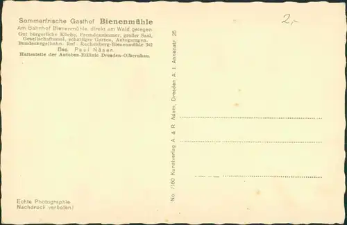 Ansichtskarte Rechenberg-Bienenmühle Gasthof Näser - Bienenmühle 1942