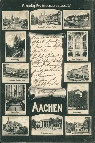 Ansichtskarte Aachen Mikroskopkarte: Platz, Linzenhäuschen, Bahnhof 1906