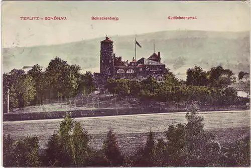 Teplitz-Schönau Teplice Schlackenburg, Kudlichdenkmal (Handkoloriert) 1909