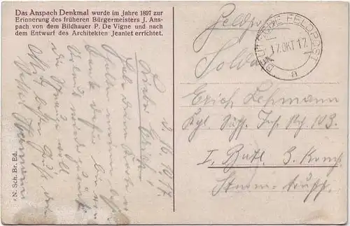 Postkaart Brüssel Bruxelles Denkmal 1917