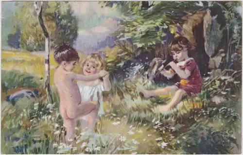 Ansichtskarte  Tanzende Kinder, Kind mit Flöte 1932