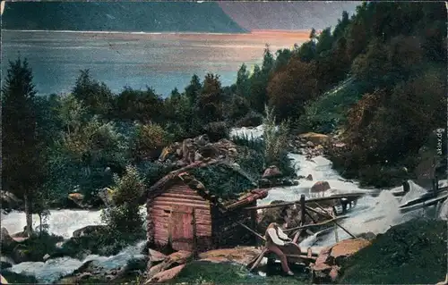 Ansichtskarte  Handwerker am Schleifstein, Hütte am Bach 1916