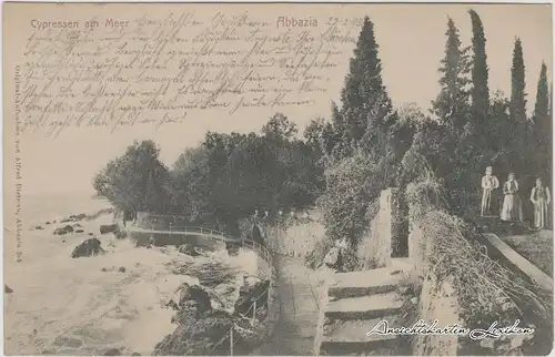 Postcard Sankt Jakobi Opatija (Abbazia) Strandweg Cypressen am Meer 1903 