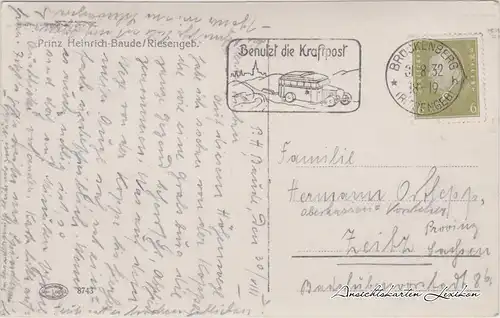 Postcard Krummhübel Karpacz Prinz Heinrich-Baude/Riesengebirge 1932