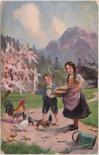 Ansichtskarte  Kinder füttern Hüner und Gans Bayern Künstlerkarte 1918