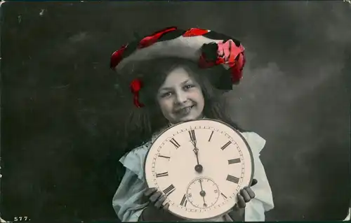  Glückwunsch - Neujahr/Sylvester col Foto Mädchen mit Riesenuhr 1909