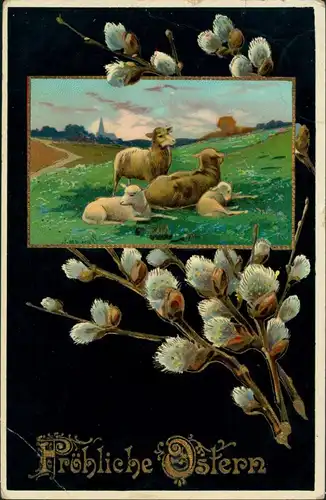  Glückwunsch/Grußkarten: Ostern / Oster-Karten Lämmer Goldrand 1911 Goldrand