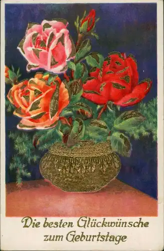 Ansichtskarte  Gold-Rosen - Glückwunsch/Grußkarten: Geburtstag 1914 Goldrand