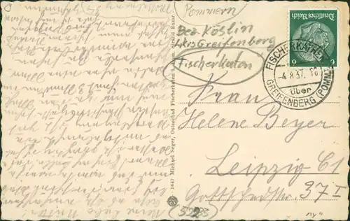 Postcard Fischerkathen Pogorzelica Haus mir Störchen 1937