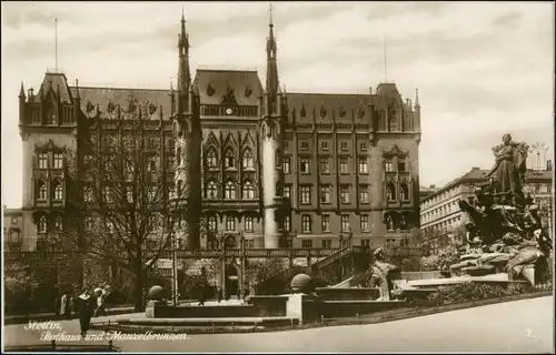 Postcard Stettin Szczecin Rathaus - Manzelbrunnen 1928